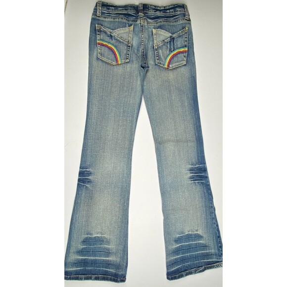 Y2K Vintage Bonage Juniors Women 9/10 Rainbow Embroidered Jeans Blue Low Rise - Picture 4 of 16